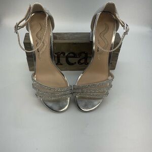 Nina Nagida Silver Metallic Strappy Block-Heel Sandal